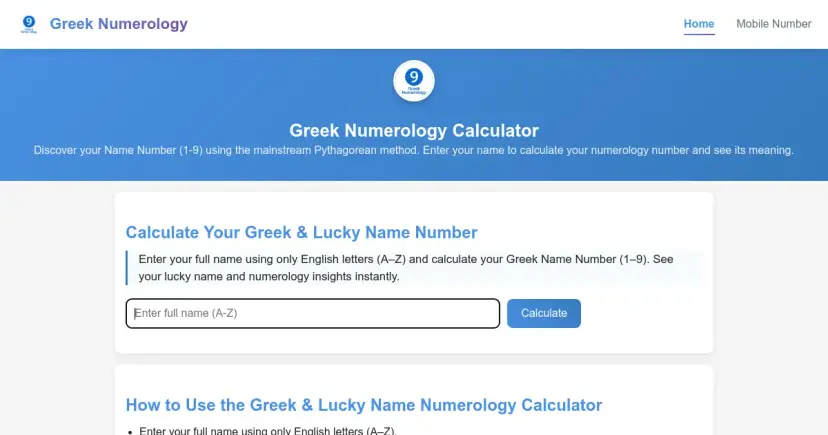 A screenshot of Greek Numerology